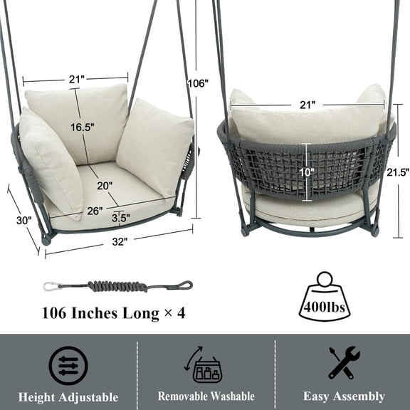 Single Porch Swing Chair with Cushions, Hanging Rope Swing for Bedroom Balcony Indoor Outdoor Macrame Hammock Beige