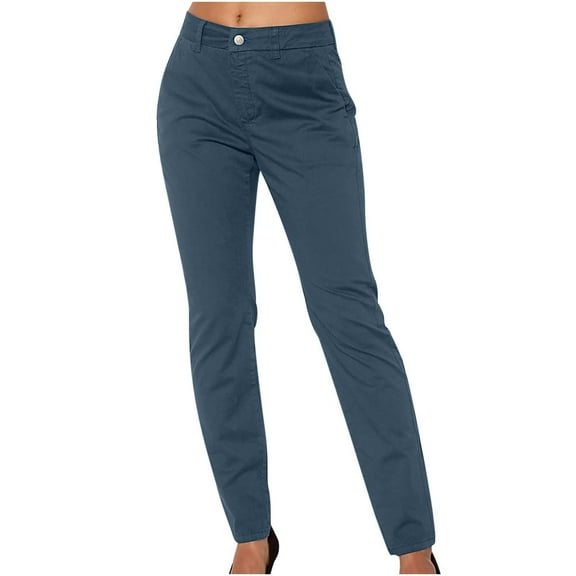 VOONCAS Women's Casual Straight Leg Pants - Navy, Size L, 90% Polyester 10% Spandex, Stretchy Easy-Care with Pockets, Button Zipper Closure for Daily/Office/Travel