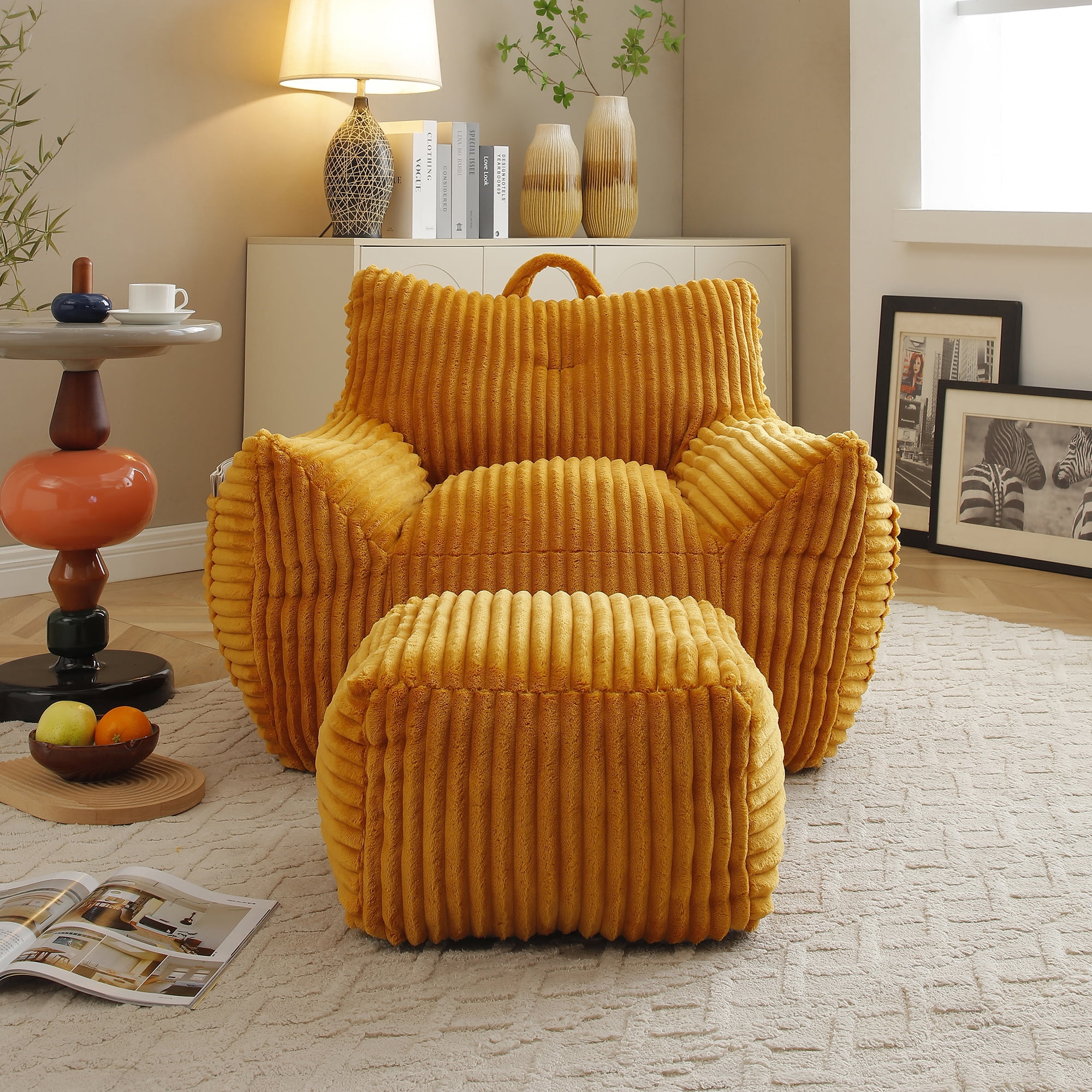 FFZ Giant Yellow Plush Bean Bag Chair For Adults With Armrests Footstool