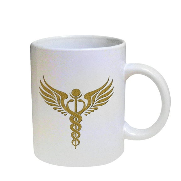 KuzmarK Coffee Cup Mug Pearl Iridescent White - Caduceus Staff Gold Sparkle