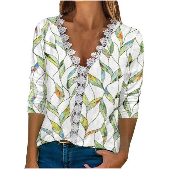 LEAVINGSUO Blouses for Women Clearance Women's Fashion T-Shirt Floral Printed Lace Three Quarter Sleeve Blouse V-Neck Casual Tops