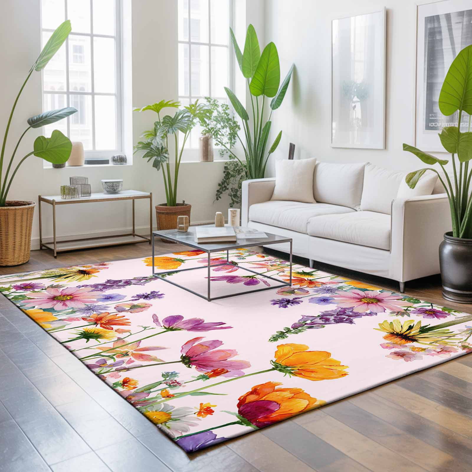 Area Rugs 4'x6'. Pink Spring Floral Carpet Runner Indoor Outdoor Rugs Home Decor Aesthetic, Elegant Pastoral Flowers Daisy Non Slip Mats Washable Accent Rug for Living Room Bedroom