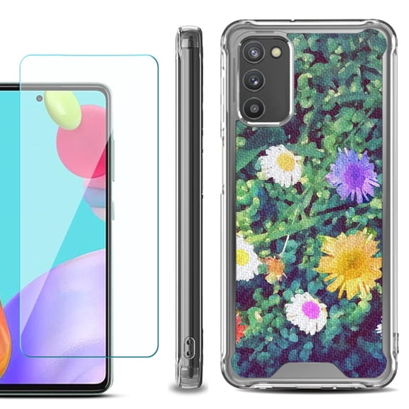 Shockproof Bumper Phone Case for Samsung Galaxy A02s, with Tempered Glass Screen Protector, by OneToughShield ® - Daisy Paint