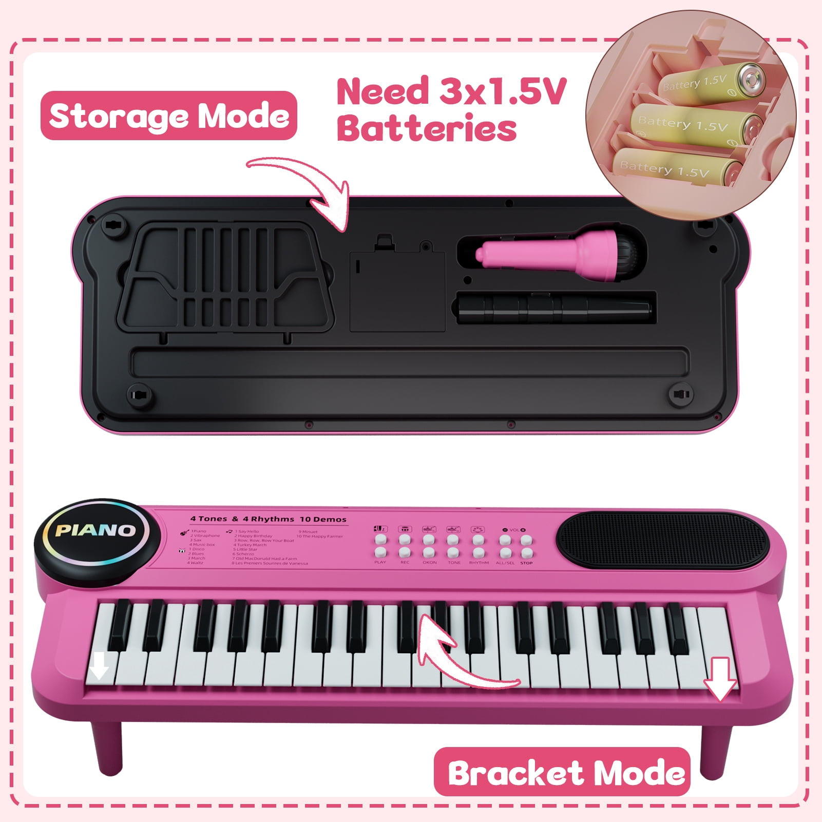 First Birthday Gifts for Girls, 37 Key Pink Piano Keyboard for Kids Toys for 12+ Months Olds Girls, Musical Piano with Microphone & Music Stand, Portable Electronic Instrument Gifts for Toddlers 1-3