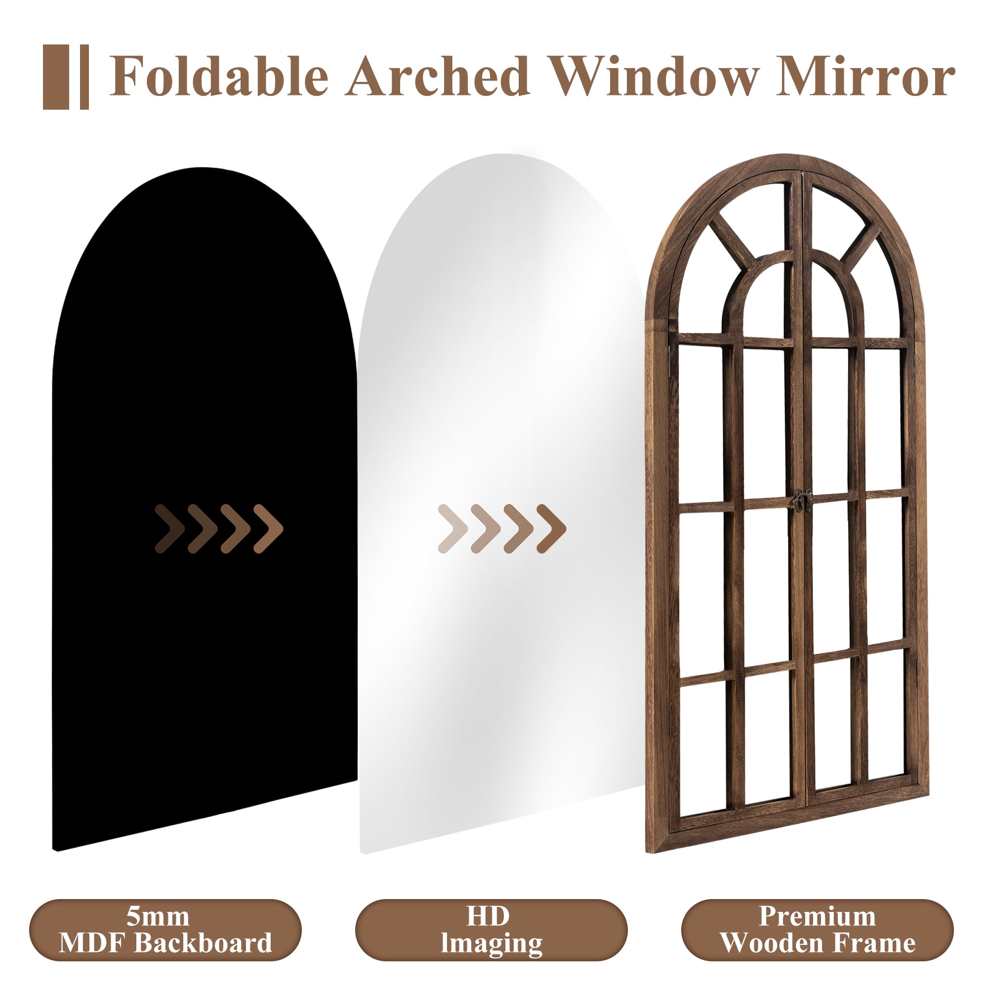 71"x32" Modern Arched Foldable Window Mirror Full Length Mirror Floor Mirror,Browen