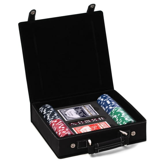 Sleek Black Poker Case w/ Poker Chips,2 Playing Cards,5 Dice