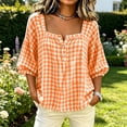 thumbnail image 2 of Edvintorg Plus Size Womens Tops Plaid Square Neck Casual Pullover Shirt Lightweight 3/4 Sleeve Loose Blouse with Button Clothes Women Orange XXXL, 2 of 5