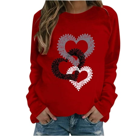 Penkiiy Valentine s Day Shirt Women Love Heart Graphic Tees Letter Print Long Sleeve Tops Shirts 3XL Red