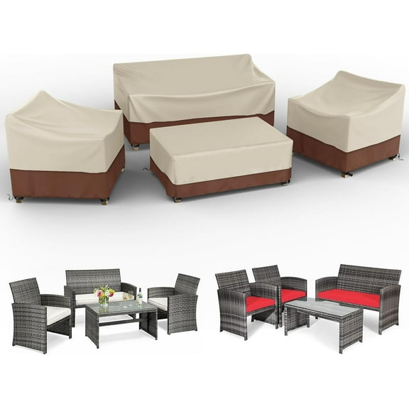 Courtyard furniture cover set, 4-piece waterproof outdoor furniture cover, suitable for outdoor coffee tables, chairs, and double sofas