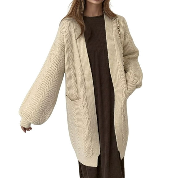 Womens Long Cardigans Cable Knitted Open Front Oversized Hooded Outerwear Sweater Coat