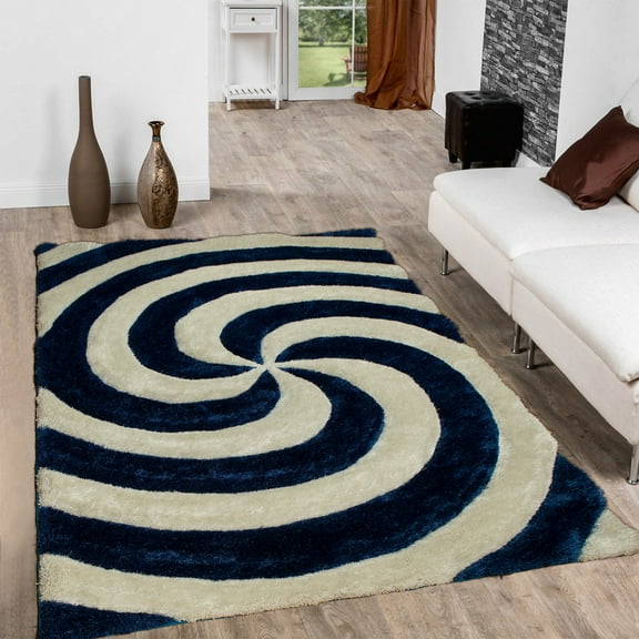 Allstar Blue Shaggy Area Rug with 3D Spiral Design. Contemporary Formal Casual Hand Tufted (7' 6" x 10' 5")