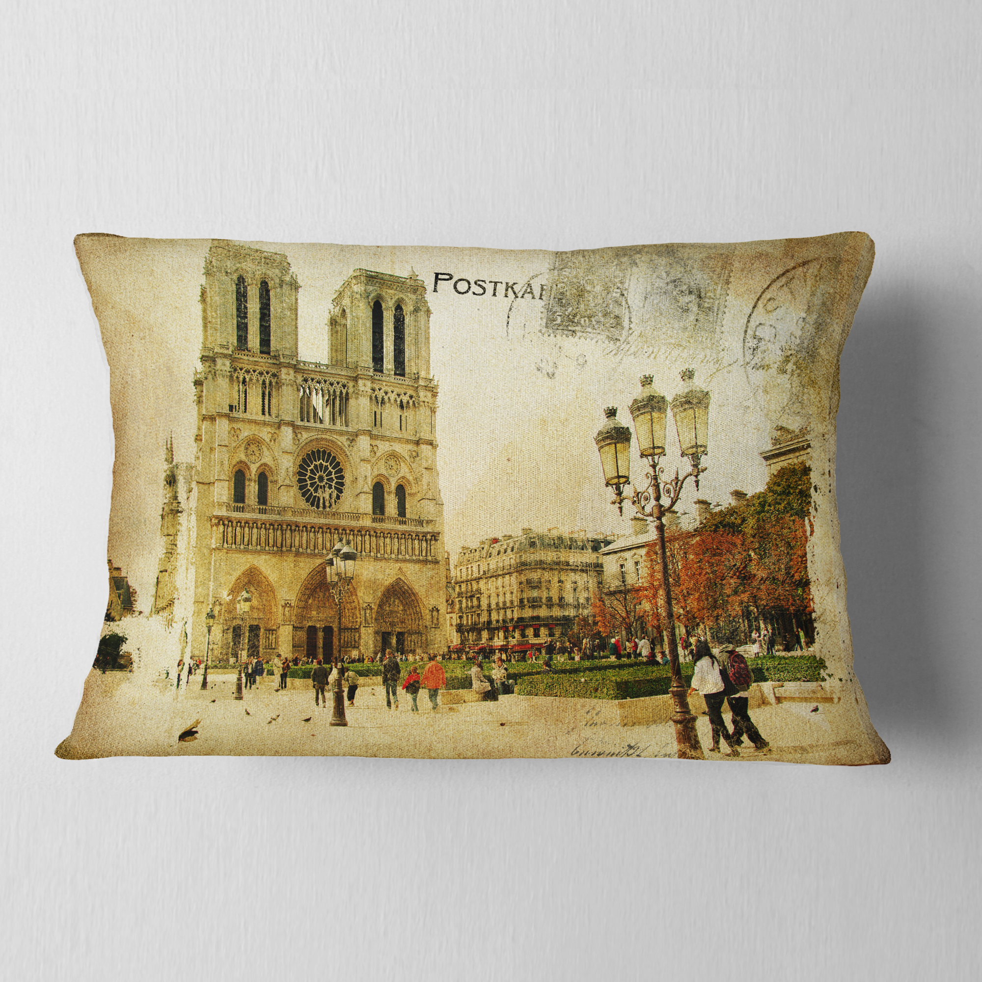 Designart Notre Dame Cathedral Vintage Card - Contemporary Throw Pillow - 12x20