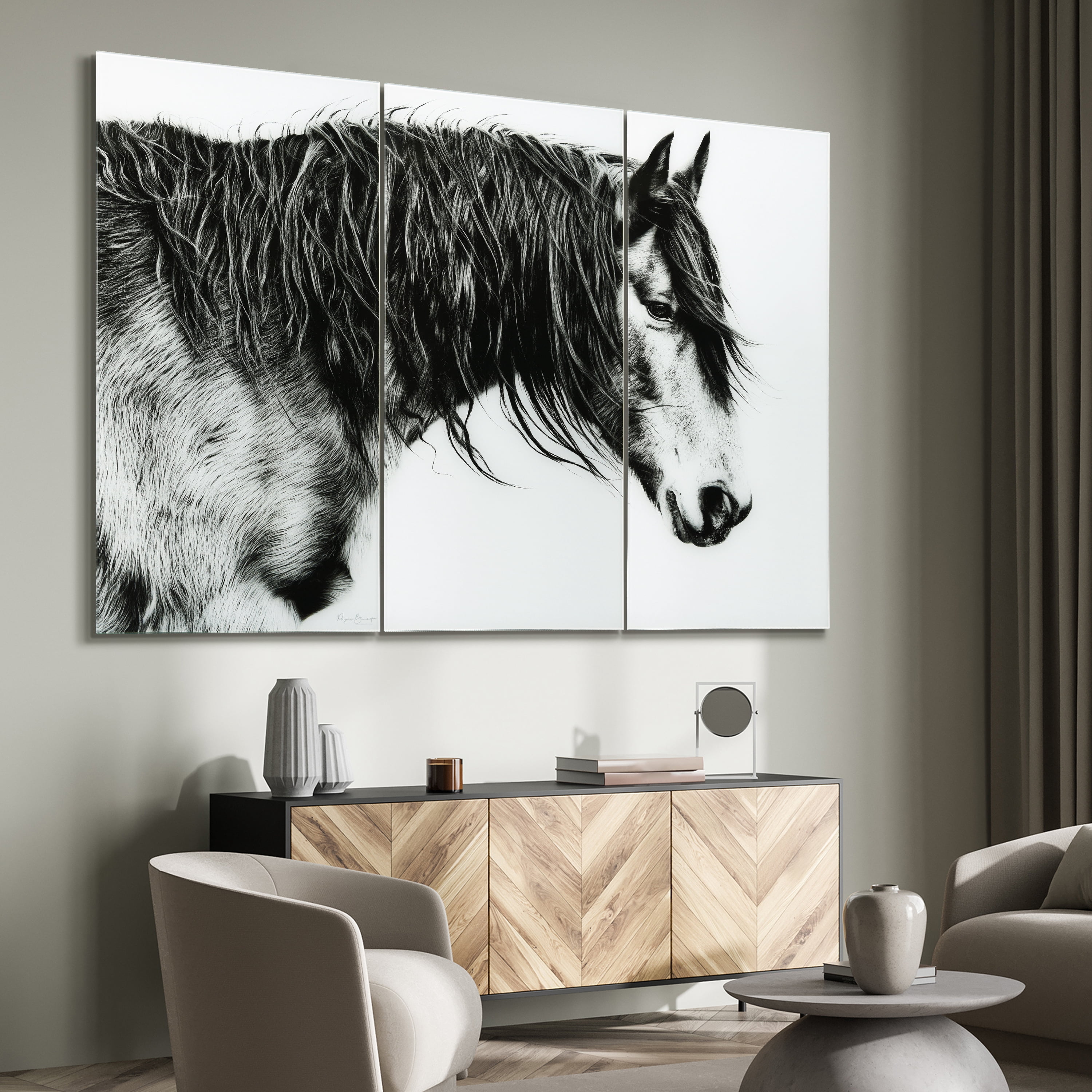 Black and White Horse Portrait III ABC 36 in x 72 in Mixed Media Art, by Empire Art 3 Count