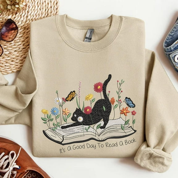 It's A Good Day To Read A Book Embroidered Sweatshirt, Read More Book Embroidered Shirt, Book Lover Gift, Cute Cat Shirt, Bookclub Shirt
