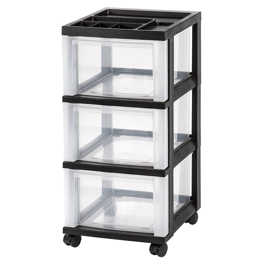 IRIS 3Drawer Storage Cart with Organizer Top, Black, 2 Pack