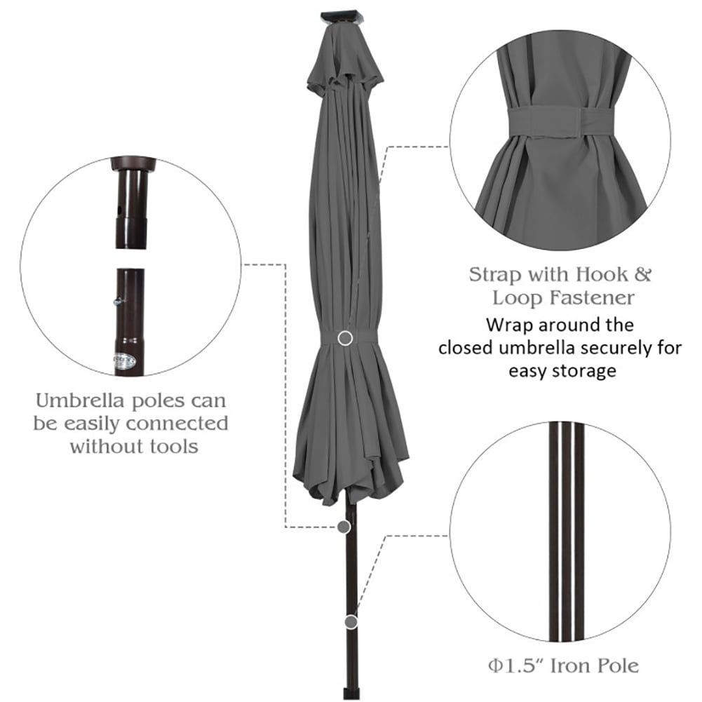 Spaco 10 Feet Outdoor Patio Umbrella with 3 Bright Solar LED Lights, Patio Umbrella with Sturdy and Durable Construction, Gray