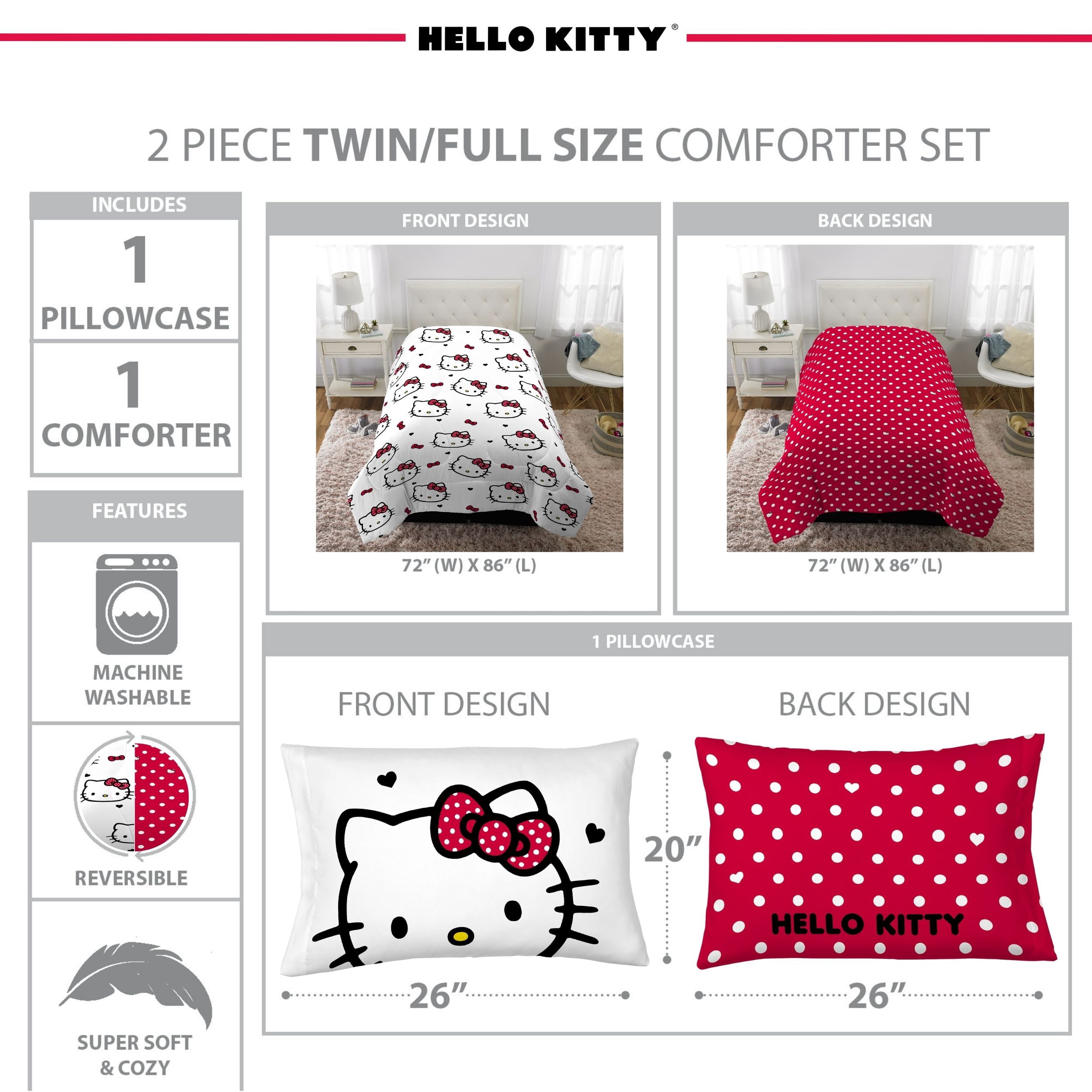Hello Kitty Kids 2 Piece Red White Reversible Comforter and Pillowcase set, Twin/full