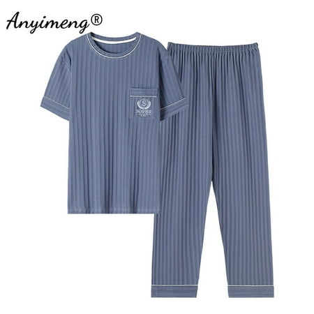

Plus Size Luxury Men Summer Nightwear Knitted Cotton Pajamas Set Short Sleeved Long Pants Fashion Elegant Mens Leisure Sleepwear