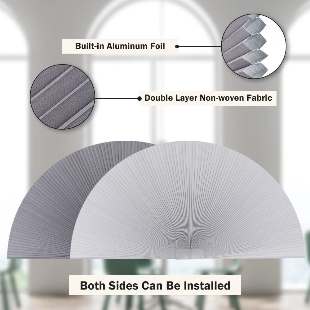 LUCKUP Arch Window Shades Half Circle Blackout Cellular Pleated Blinds Dual Color Semi Circular Honeycomb Windows Curtains for Half Moon Round Windows, Easy Cut and Install 36" W x 72" H, Grey-White