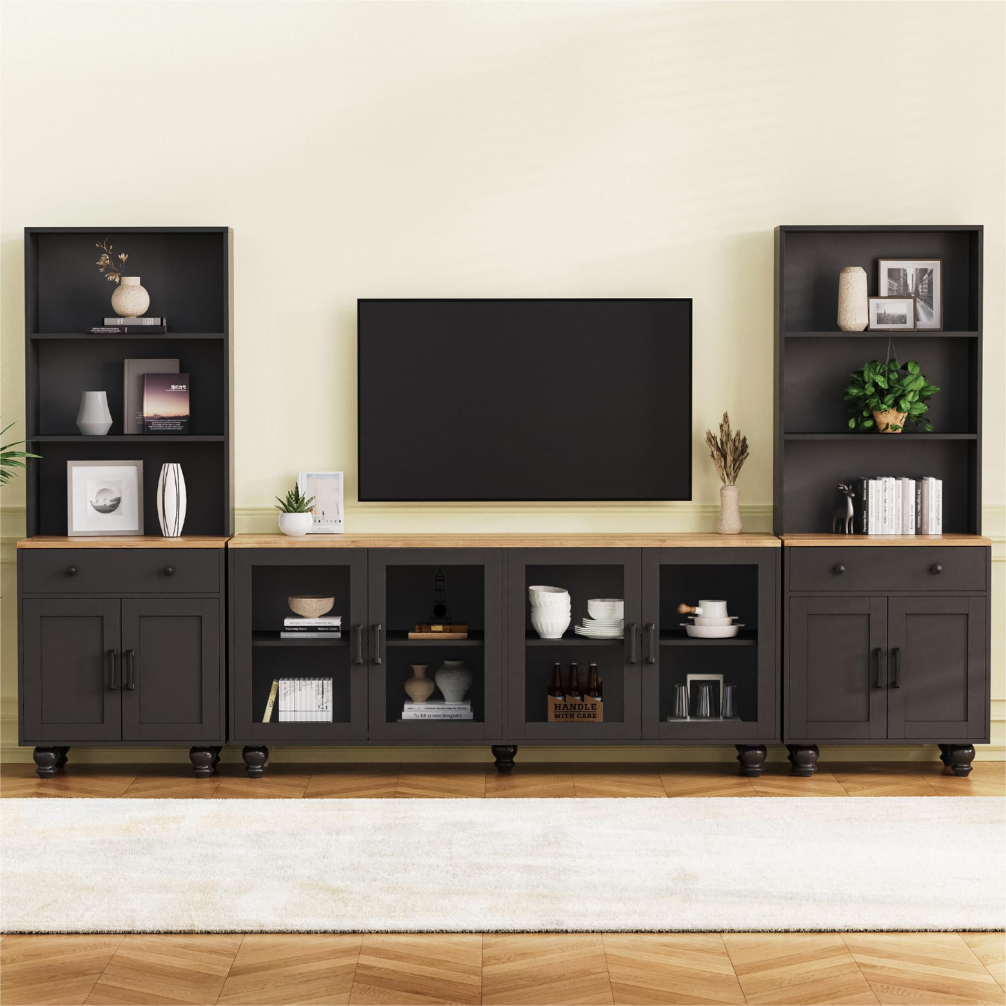 Euroco 110" Entertainment Center Wall Unit Set with Glass Display Cabinets, Adjustable Shelves & Vintage TV Stand for TVs up to 85", Farmhouse Style Media Console with Storage, Gourd Legs