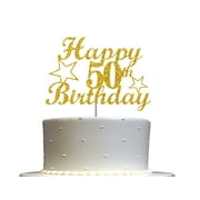 50 Birthday Cake Topper Gold Glitter, 50th Party Decoration Ideas, Sturdy Doubled Sided Glitter, Acrylic Stick. Made in USA
