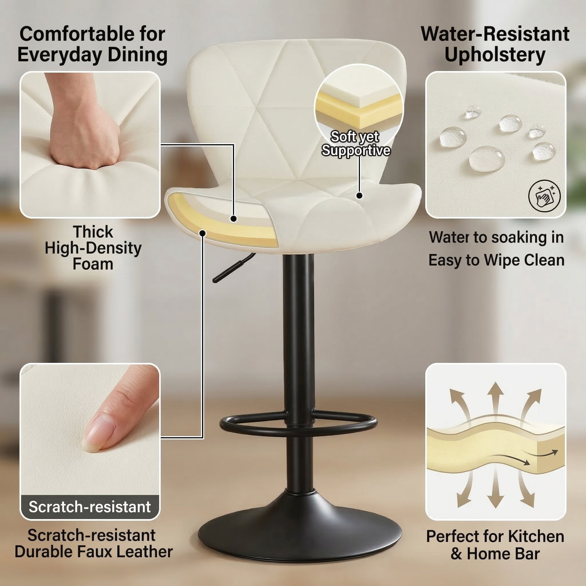 Restworld Solo Classic Adult Low Back Adjustable Seat Height Bar Stools - Set of 4, Beige