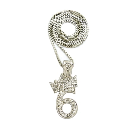 Stone Stud Tilded Crown Number Pendant with 2mm 24" Box Chain Necklace, 6, Silver-Tone