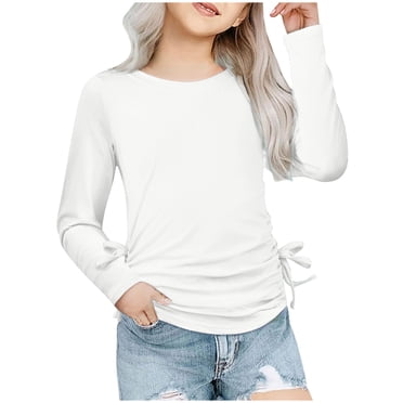 Ohufall Girls Long Sleeve T-Shirts 3-14 Years, Kids Cute Solid Causal Ruched Knot Side Tunic Tops Loose Comfortable Pullover Crew Neck Blouse for Teen Girls