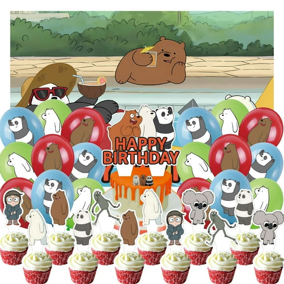 32 Pcs For We Bare Bears Theme Birthday Party Supplies Party Favor Set,With 5*3ft Birthday Backdrop Decorations,13 Cupcake Toppers,18 Balloons,All in One Party Supply Set