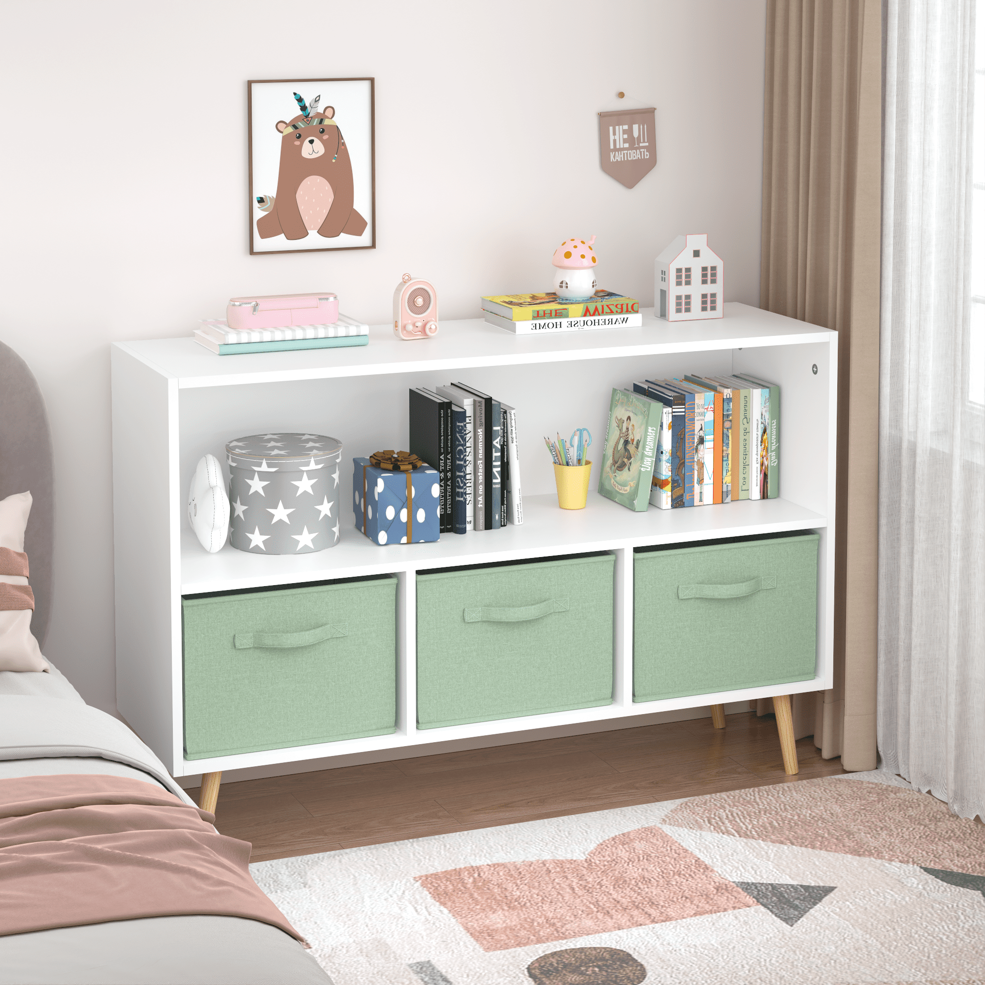 Leumius 4 Cube Kids Bookcase & Toy Storage Organizer with 3 Fabric Drawers for Playroom Storage,Green