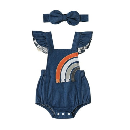 

LYSICSKINEM Toddler Girls Clothes 2t - 3t Leotards for Girls Girls Fly Sleeve Rainbow Denim Romper Backless Bodysuits Headbands Set