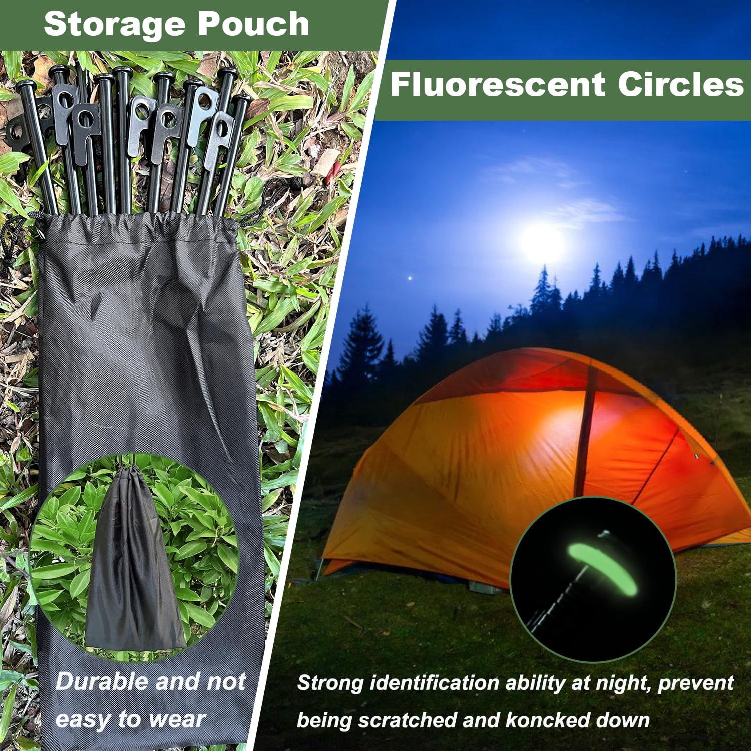 16pcs Tent Stakes  12in Heavy Duty With Storage Pouch Dia. 0.35" Forged Steel For On Rocks Grassland Snowfield(16pcs Stakes)