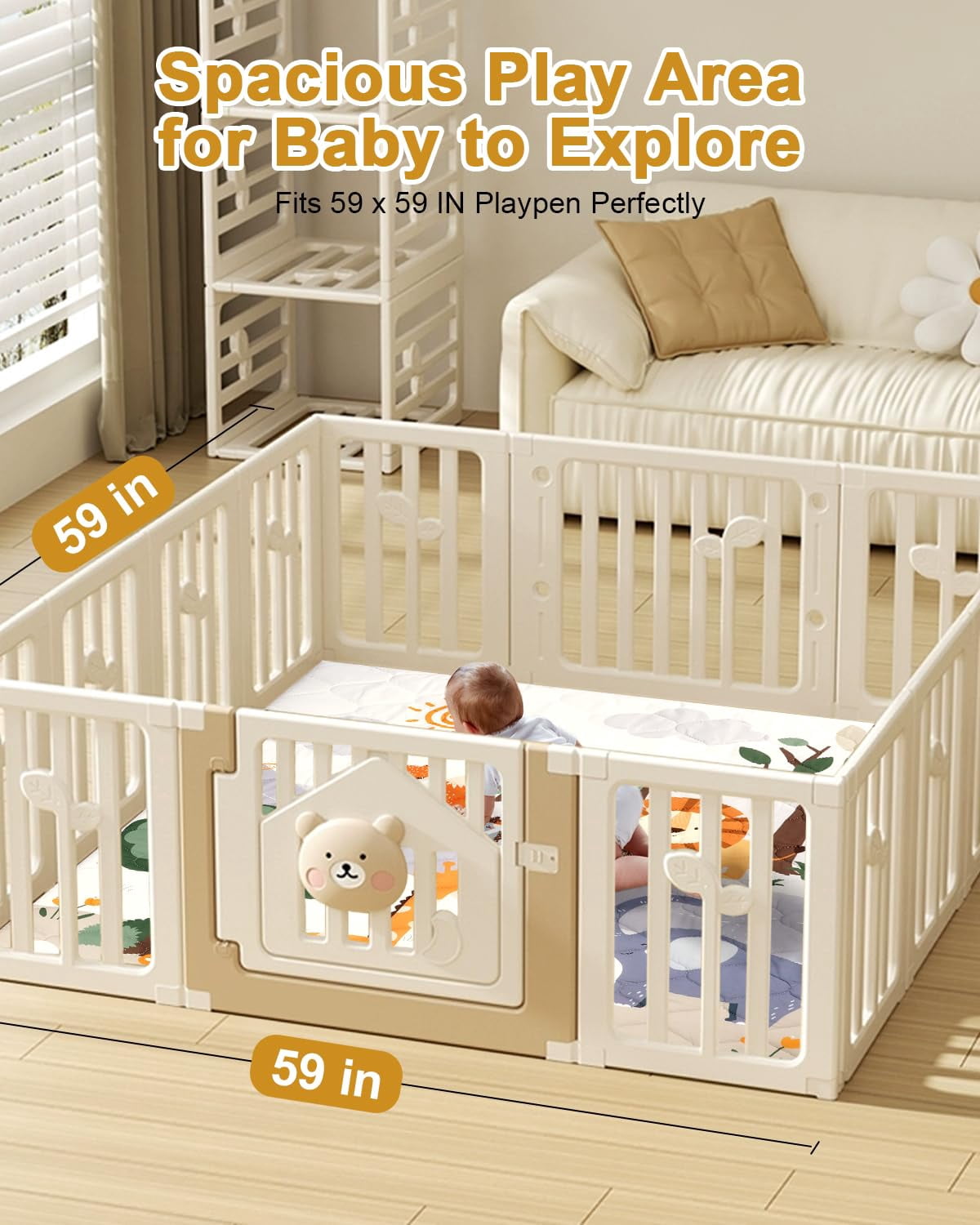 Premium Foam Baby Play Mat 59" x 59" – Removable & Machine Washable Cover, Extra Thick Padding Playpen Mat, Non-Slip Crawling Mat, Easy to Clean for Infants, Toddlers & Babies