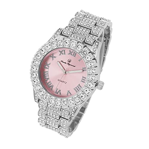 Charles Raymond Women's Big Rocks Bezel Colored Dial with Roman Numerals Fully Iced Out Watch - ST10327LA (ST10327LA SLV Pnk# - Pnk-TB)