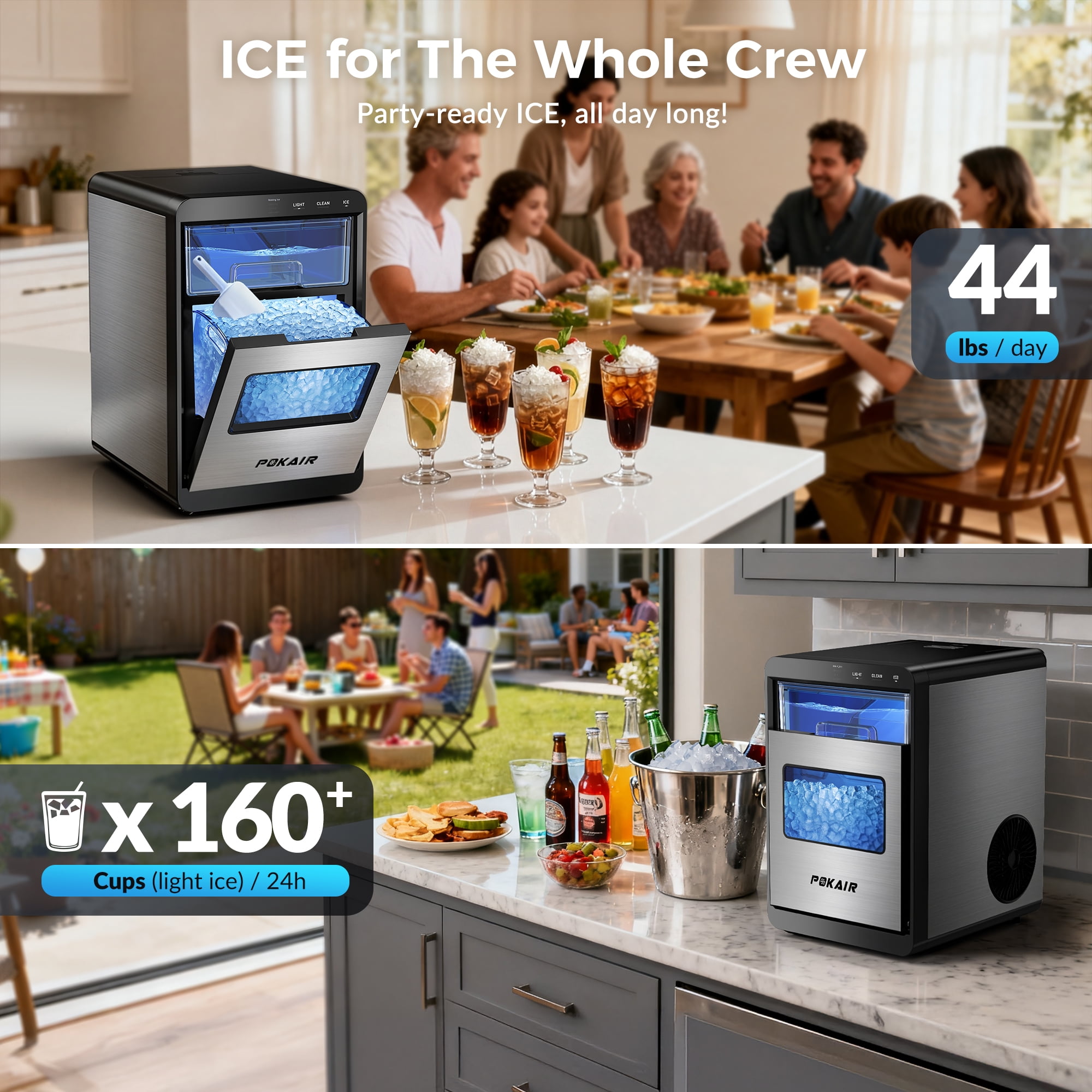 POKAIR Countertop Nugget Ice Maker for Fresh Chewable Ice, 44 lbs/Day Pebble Ice Machine, 9-Min Ice, Self-Cleaning, ETL, Brushed Stainless Steel