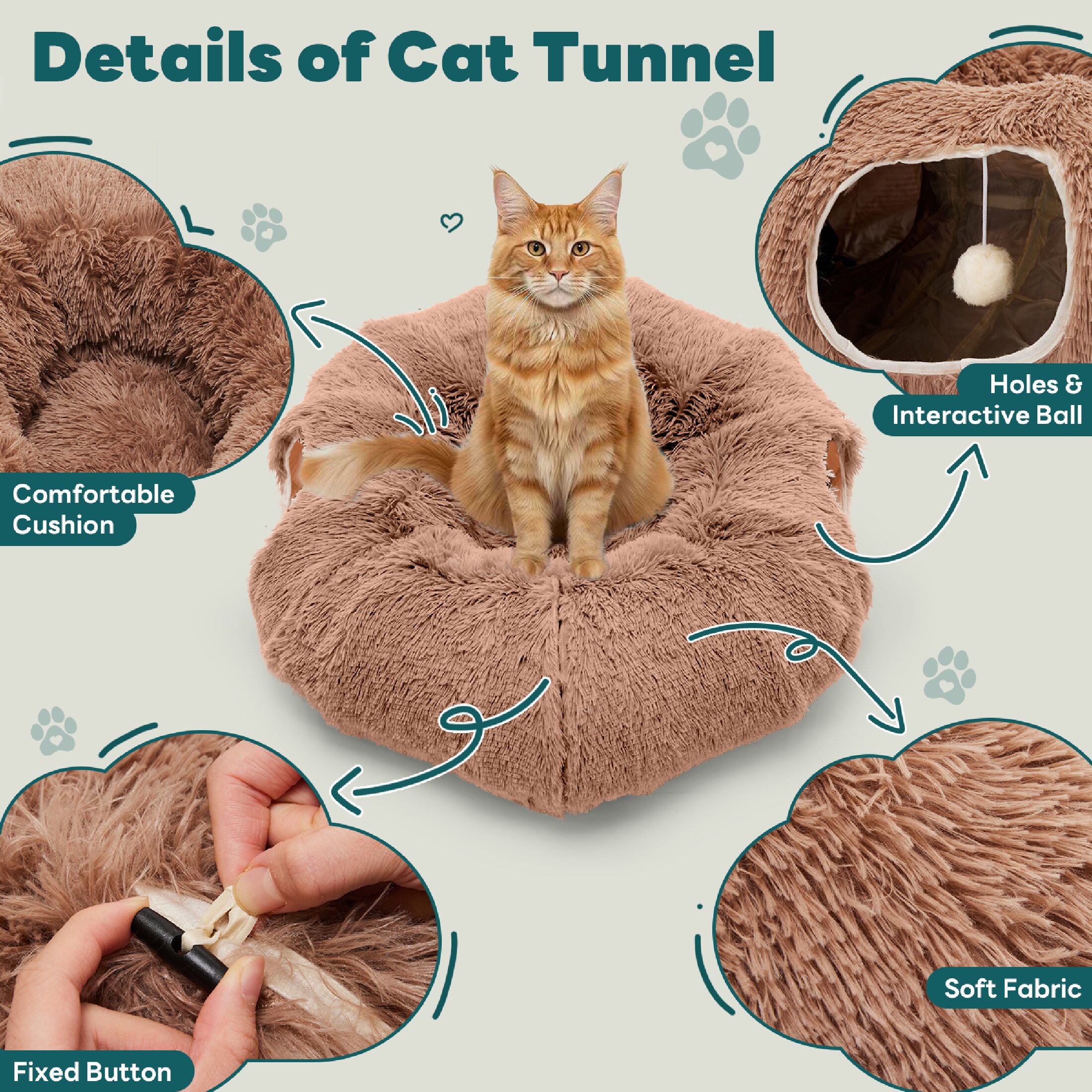 edx Cat Tunnel Bed for Indoor Cats, Soft Plush Peekaboo Hideaway Cave with Circle Cushion, Washable Multifunctional Playground Cat Donut Tunnel for Kittens, Rabbit, Ferret, Brown