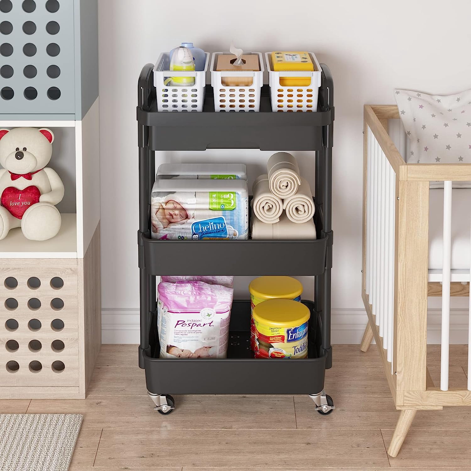 3-Tier Rolling Utility Cart with Drawer,Multifunctional Storage Organizer with Plastic Shelf & Metal Wheels,Storage Cart for Kitchen,Bathroom,Living Room,Office,Black