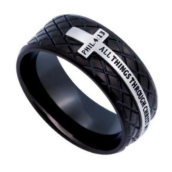 CHRIST MY STRENGTH, Philippians 4:13, Black Diamond Back Men's Cross Ring