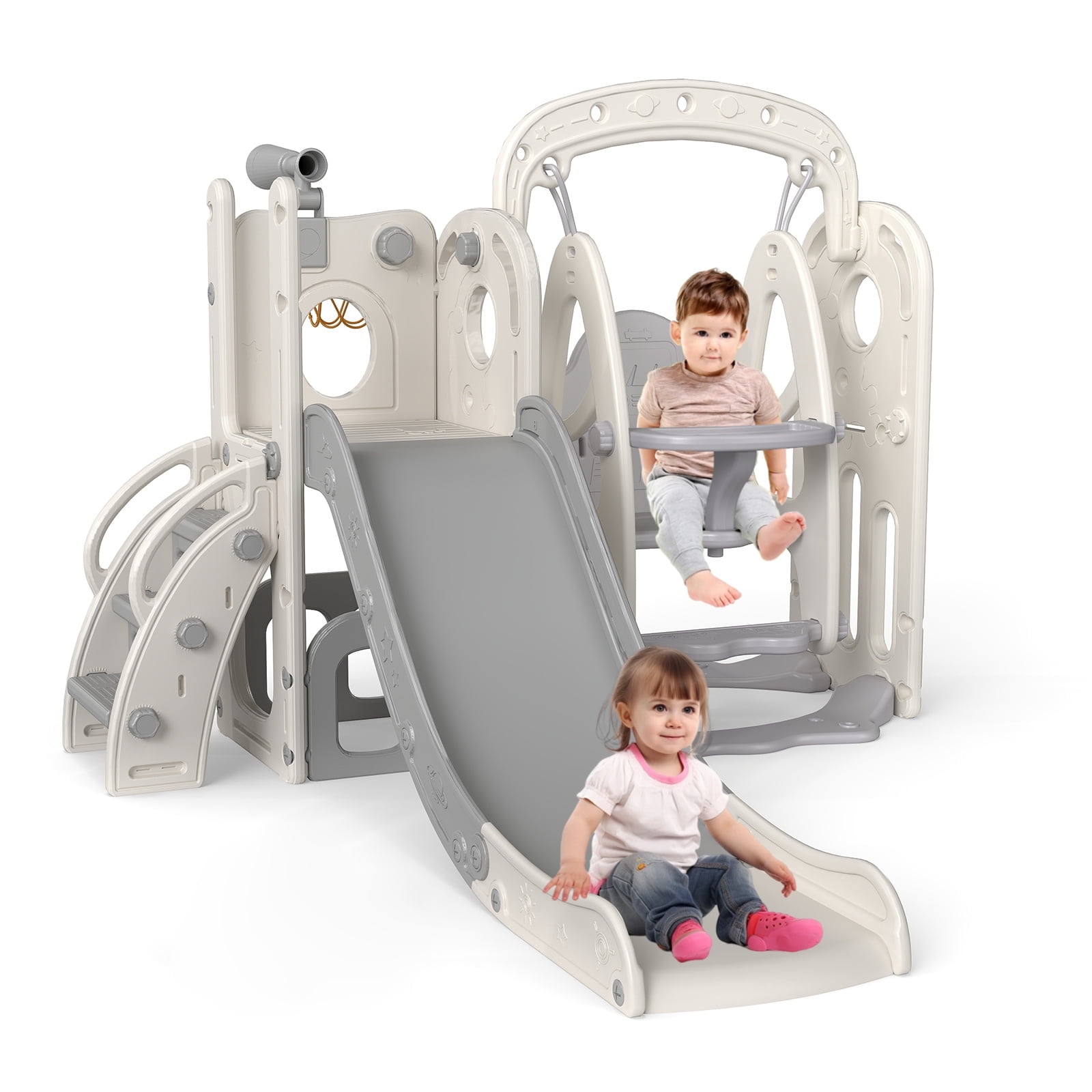 Kinsuite 7-in-1 Toddler Swing & Slide Set - Kids Slide for Toddlers 1-3 with Basketball Hoop, Swing, Ball, Storage Space & Telescope, Indoor & Outdoor Playground Playset (Grey)