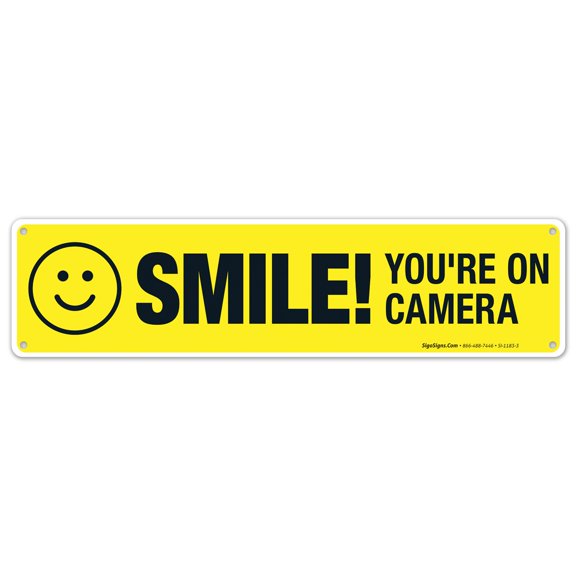 Smile You're On Camera Sign, Yellow Background With Smile, 3x12 Aluminum