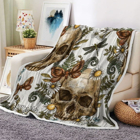 Gothic throw blanket, Daisy Skull fleece blanket Spooky Rustic Wooden Moth weighted throw blankets for couch beds 60 X 50 inch