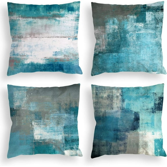 Teal Throw Pillow Covers 18x18 Set of 4 Decorative Cushion Cover Turquoise Grey Abstract Art Painting Pillowcase for Sofa Bedroom Living Room Décor