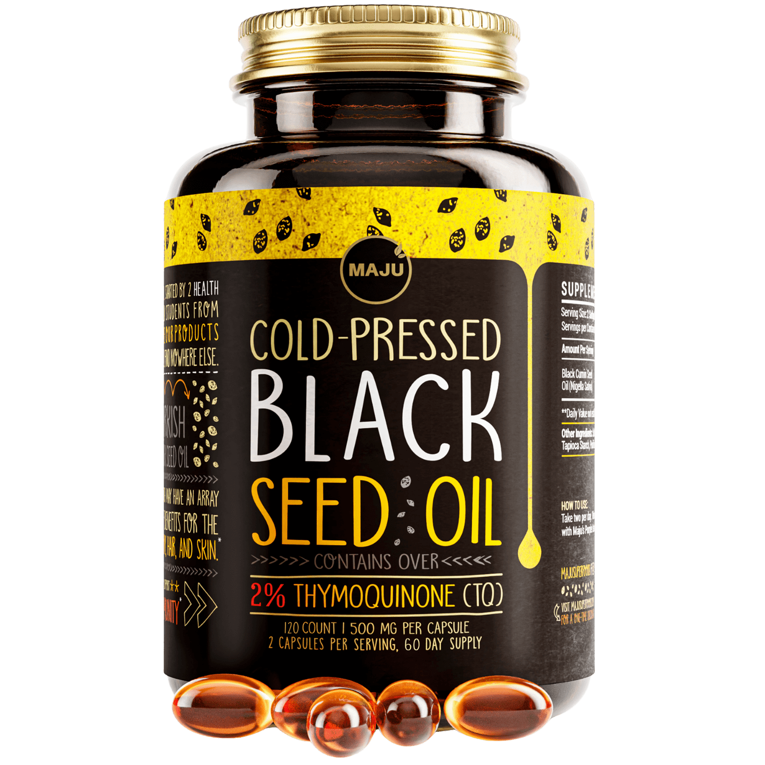 Maju Superfoods Black Seed Oil Capsules Cold Pressed, Gluten-Free 120 Count 500mg