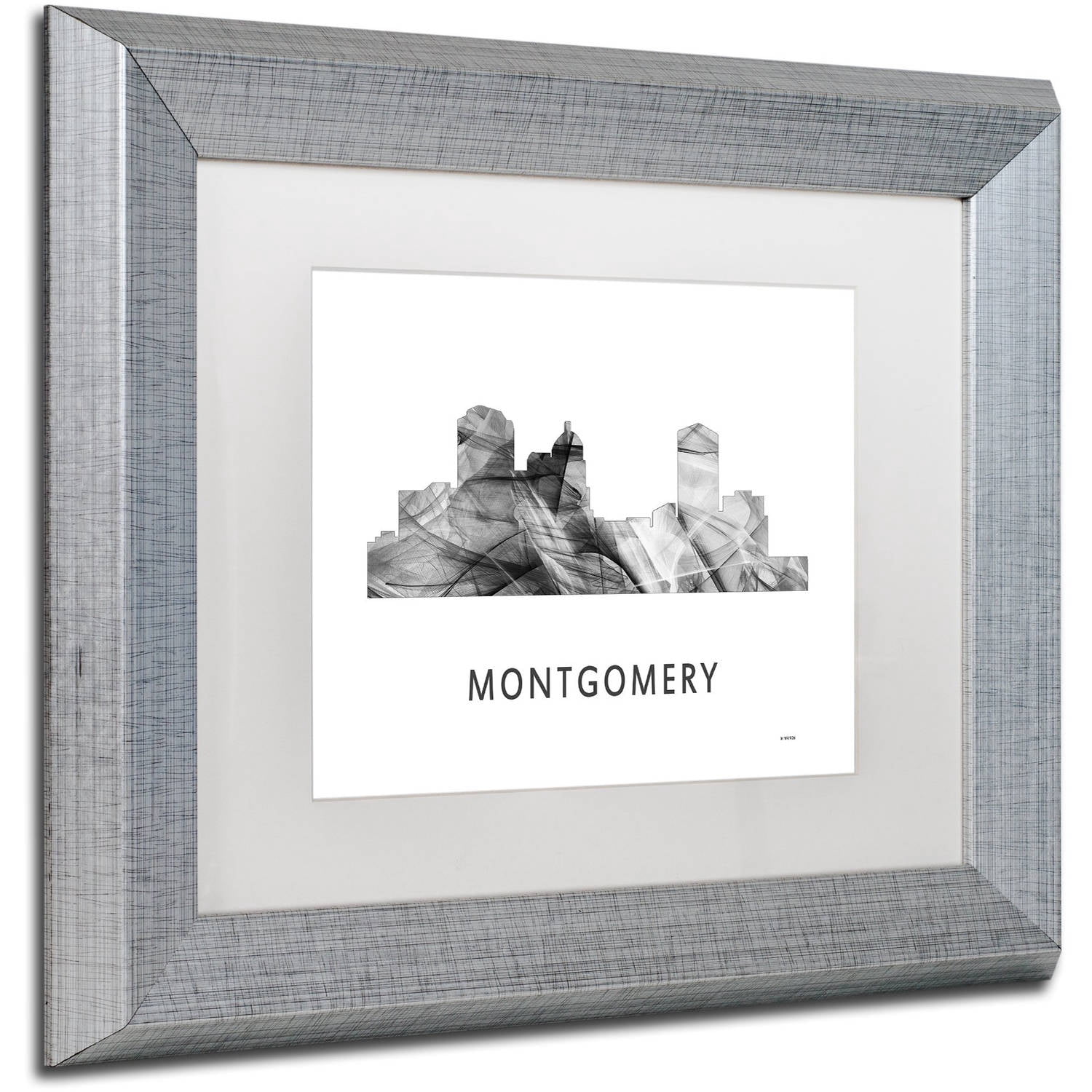 Trademark Fine Art 'Montgomery Alabama Skyline WB-BW' Canvas Art by Marlene Watson, White Matte, Silver Frame