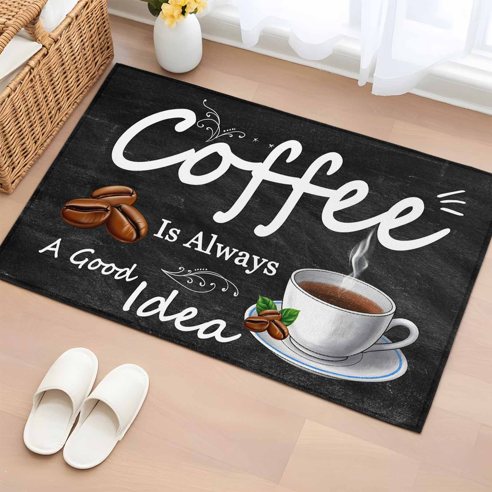 Rectangle Area Rug 2x3ft, Coffee Bean Cup Cafe Drink on Black Non-Shedding Washable Area Rug, Coffees Good Idea Quote Non Slip Low-Profile Rugs for Living Room, Bedroom Dining Room