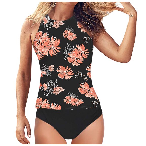 Womens Swimsuits Tropical Leaf Print Adjustable Halter Removable Pads Bikini Set Fall Outfit,Black,L