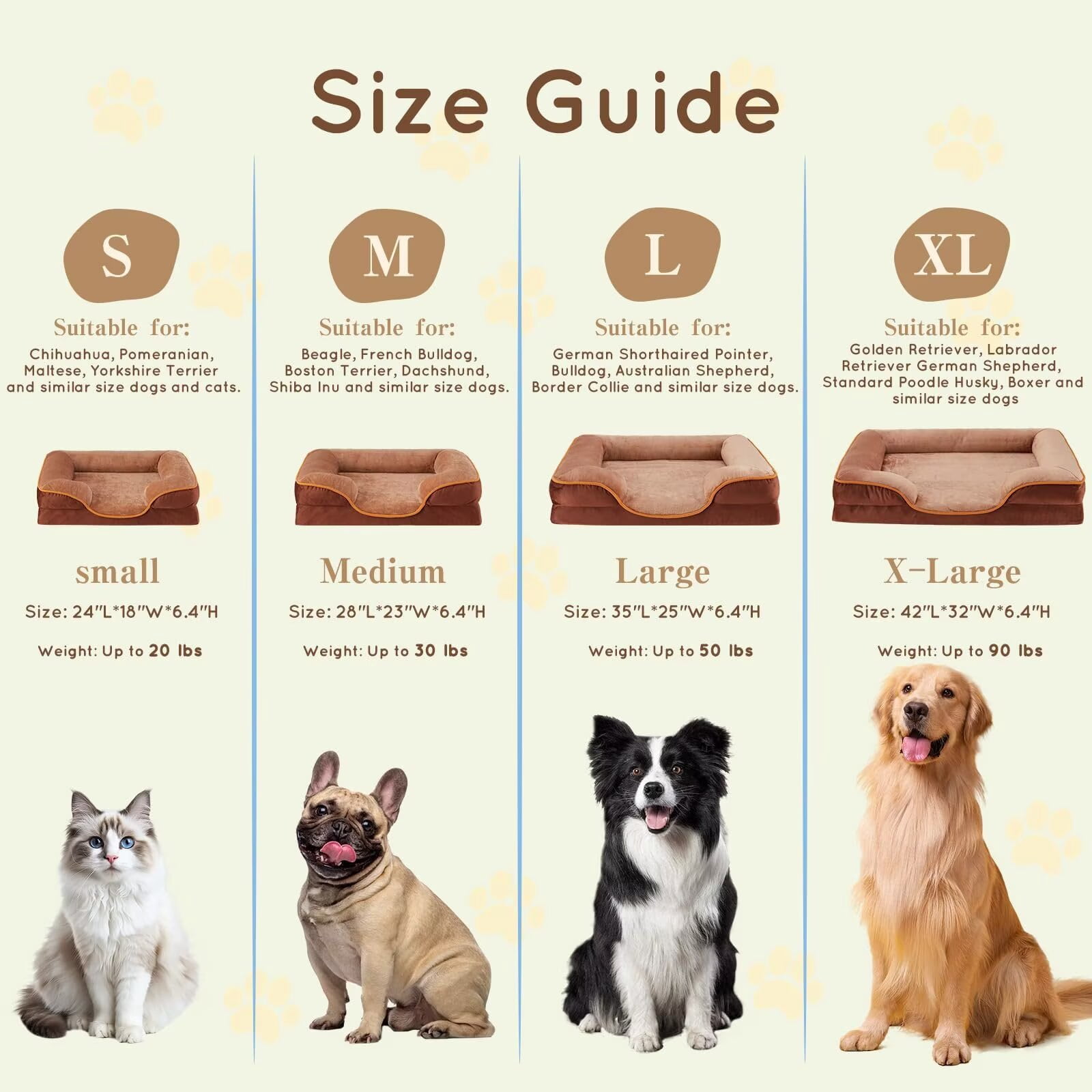 FluffyDream 35'' Orthopedic Dog Bed for Large Dog, Couch Bed with Washable Removable Cover, Brown
