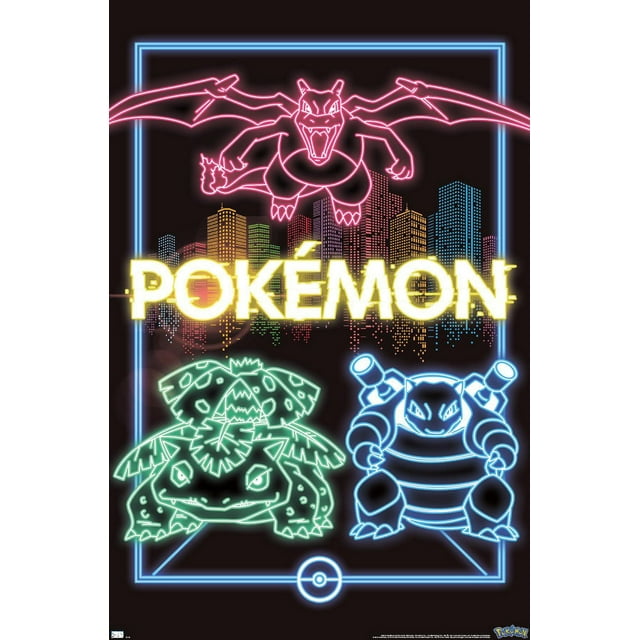 Pokémon - Neon Group Wall Poster, 14.725" x 22.375" Framed