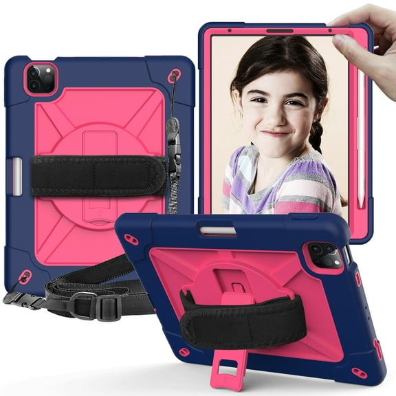 iPad Air 4 Case 10.9 Inch 2020,iPad Pro 11 Case,Hybrid Shockproof Rugged Heavy Duty Full-Body Drop Protection Stand Kids Case with Shoulder Strap for iPad Air 4th Gen/iPad Pro 11,Blue Rose