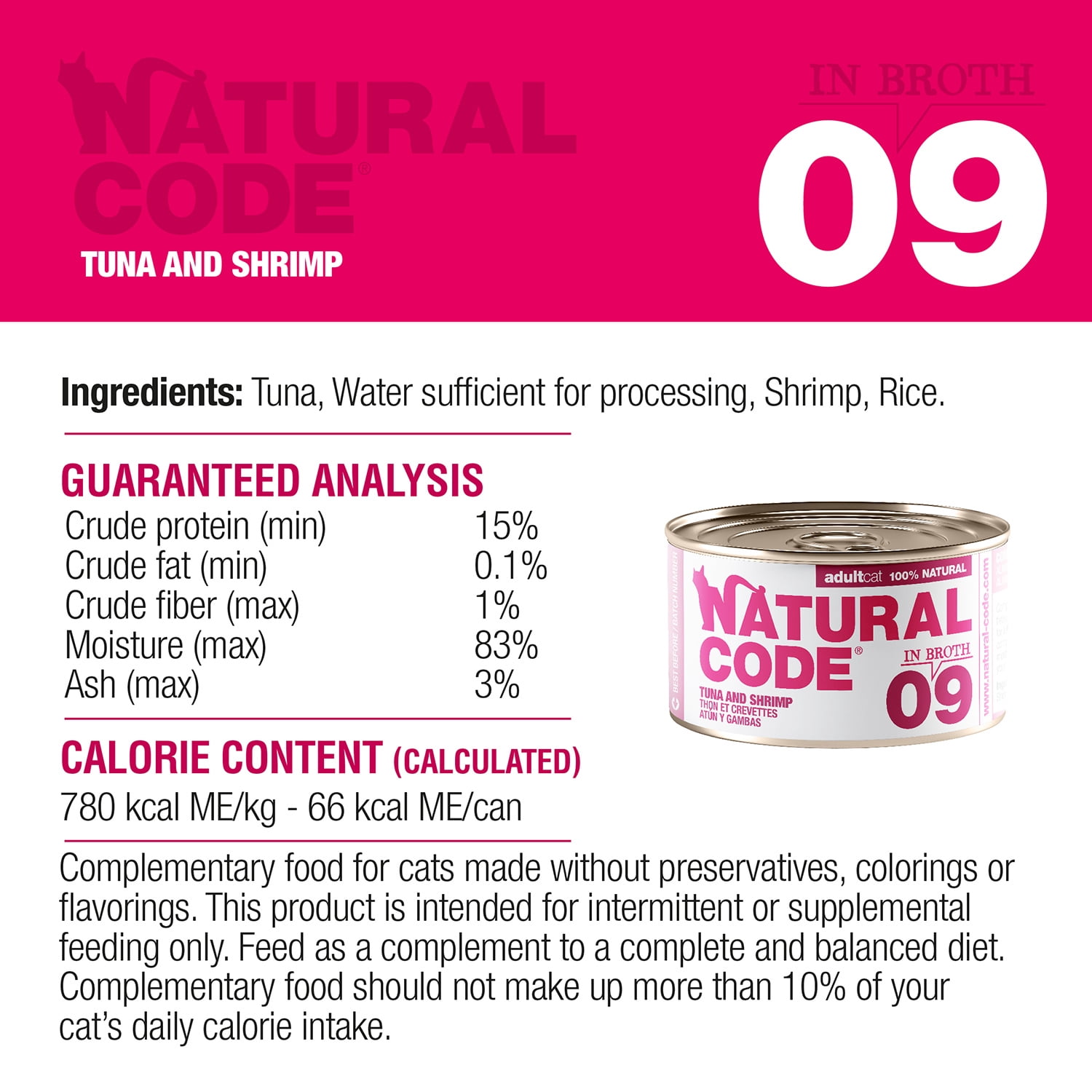 Natural Code - Wet Cat Food, Limited Ingredient Cat Food, High-Protein, Non-GMO, No Artificial Additives, Made In Italy, Tuna and Shrimps in Broth for Adult Cats (3 oz, 24 Pack)